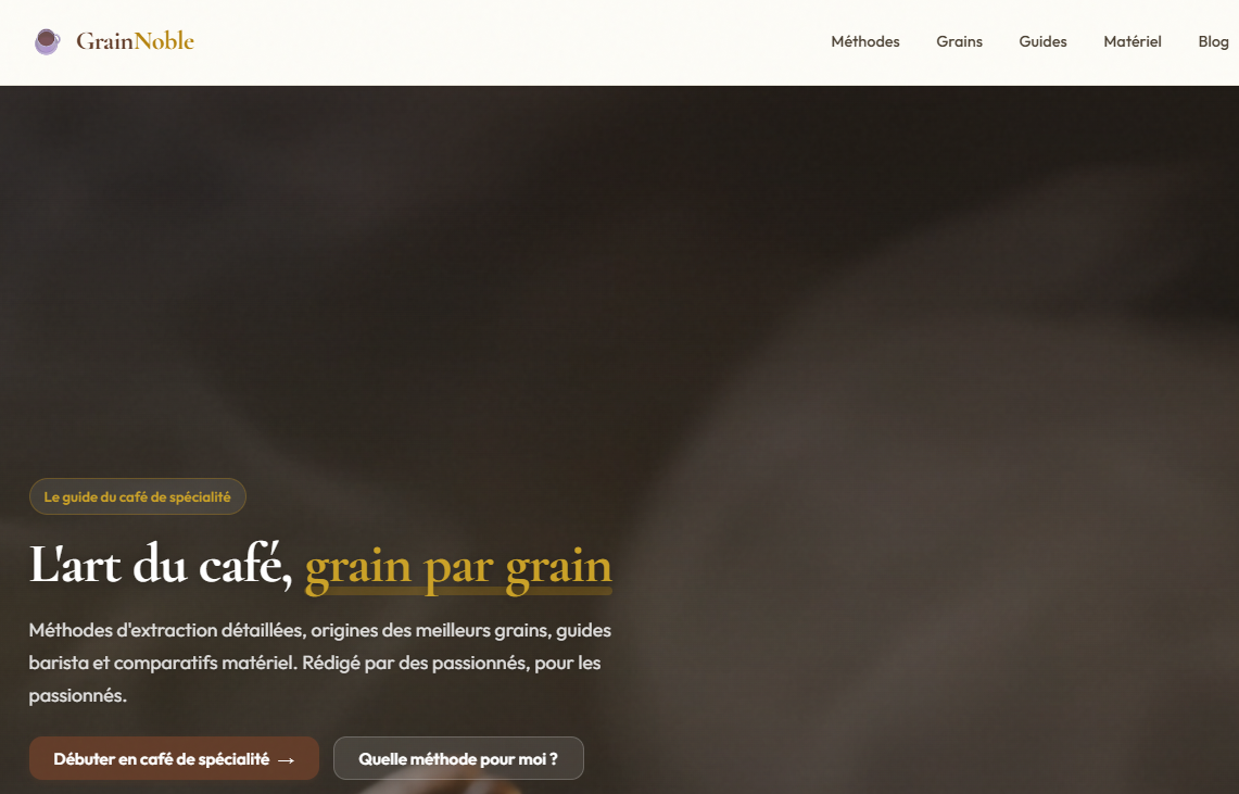 Création site web GrainNoble — guide café de spécialité, site vitrine créé par CyberClinique Yverdon