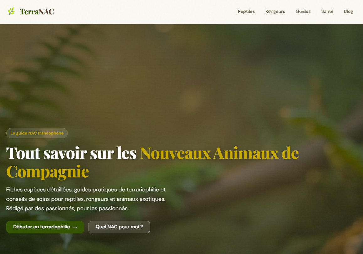 Création site web TerraNAC — guide nouveaux animaux de compagnie, site web réalisé par CyberClinique Suisse romande