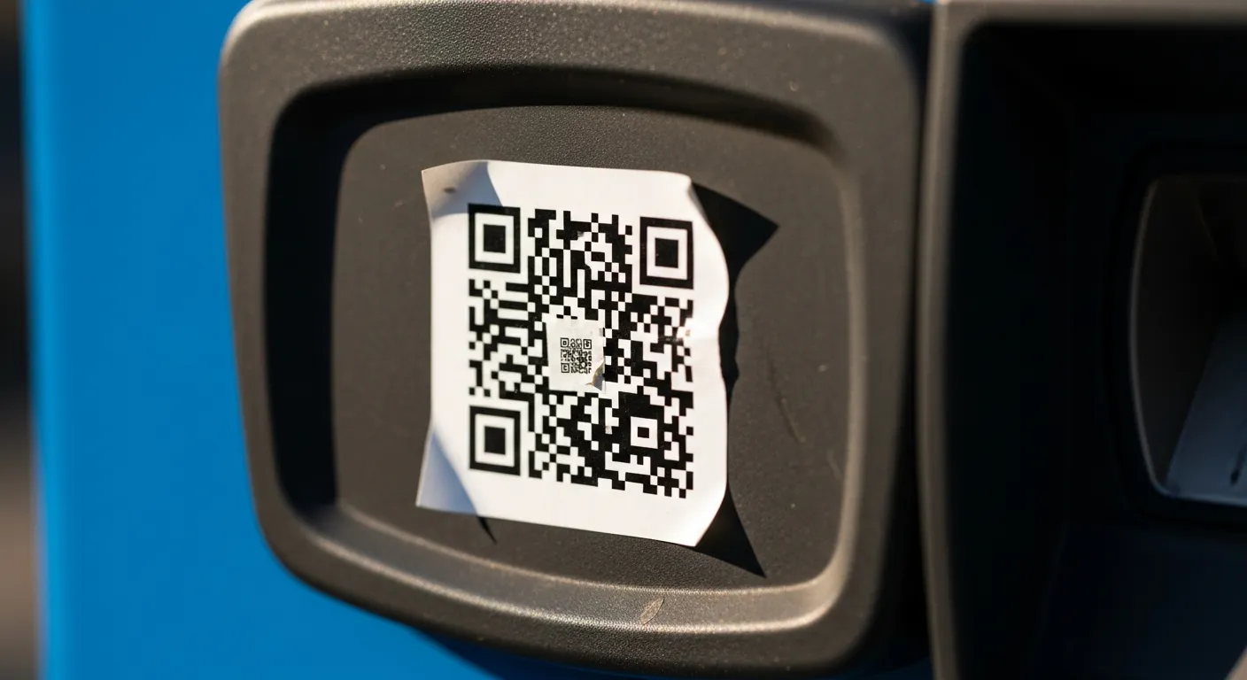Faux QR code sur une borne de paiement (gros plan)