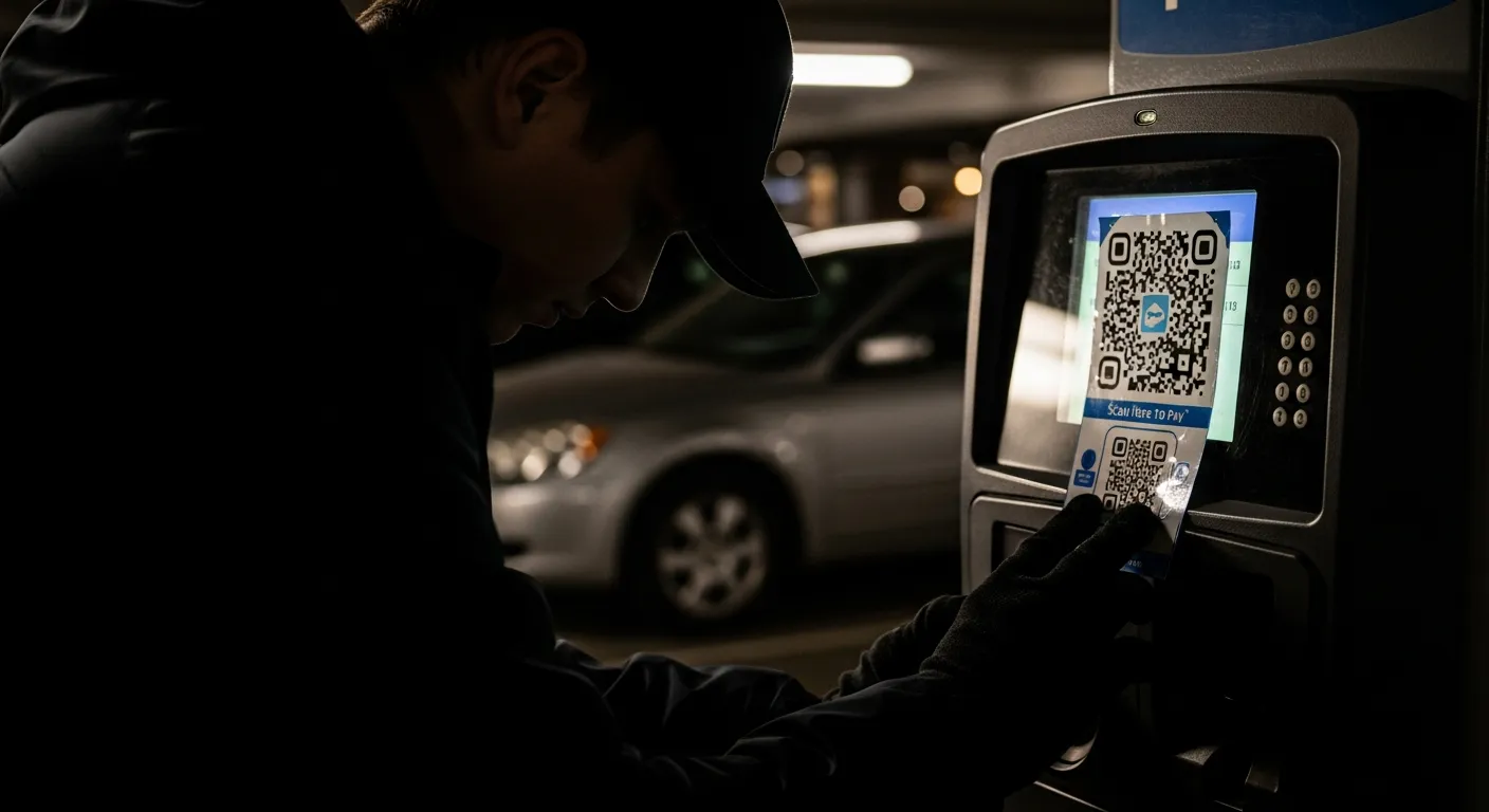 Faux QR code sur une borne de paiement — technicien CyberClinique