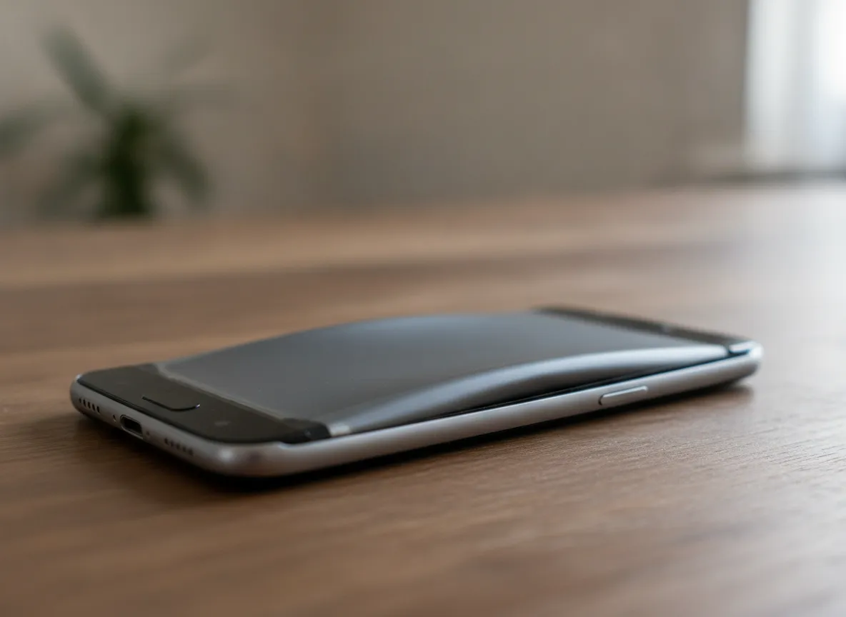 Smartphone Pixel posé sur une table, écran légèrement soulevé par une batterie gonflée