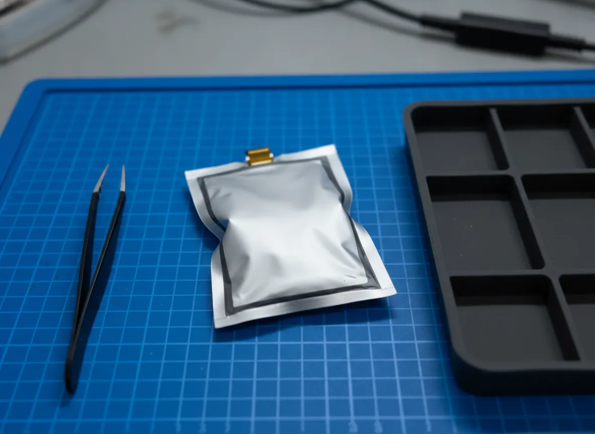 Batterie lithium-ion de smartphone déformée par le gonflement, posée sur un tapis d’atelier à côté de pinces
