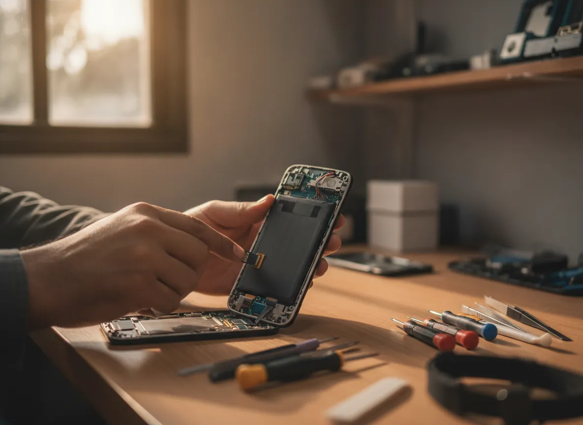 Technicien installant une batterie neuve dans un smartphone Pixel ouvert sur un établi d’atelier