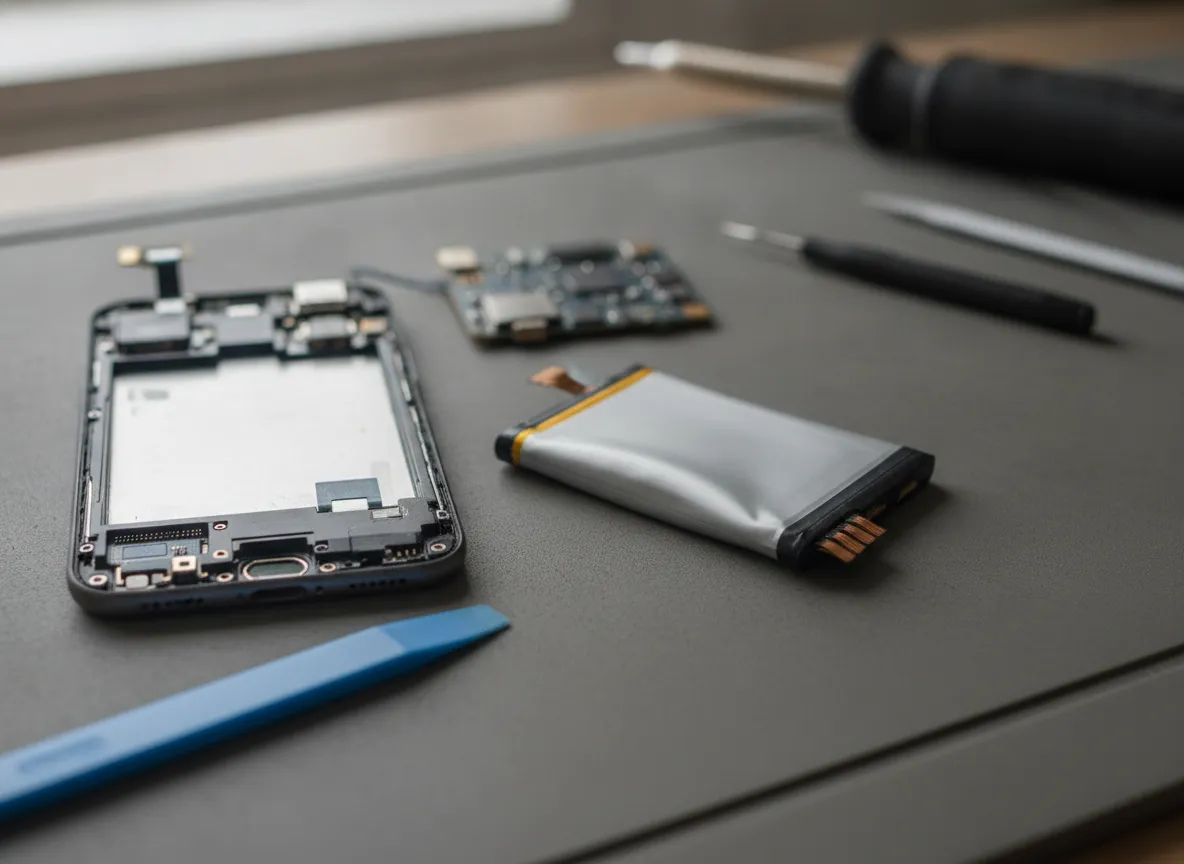 Batterie de smartphone retirée posée à côté du téléphone ouvert sur un établi
