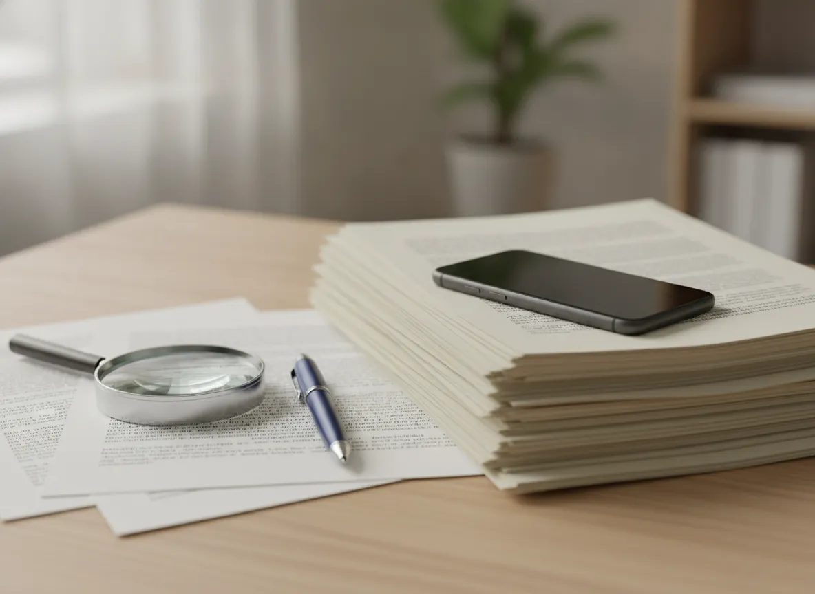 Smartphone posé sur des documents juridiques et une loupe sur un bureau