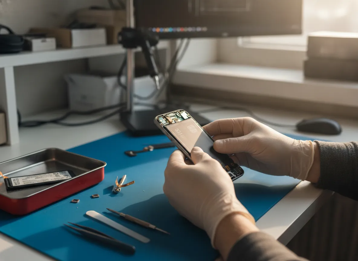 Technicien installant une batterie neuve dans un smartphone ouvert en atelier