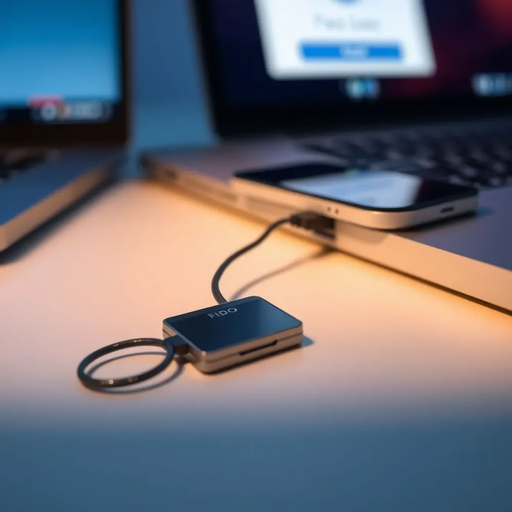 Clé de sécurité FIDO2 YubiKey posée à côté d'un smartphone affichant une demande d'authentification par passkey
