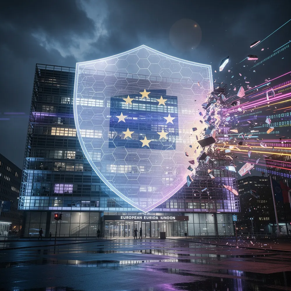 Bâtiment de la Commission européenne à Bruxelles avec un cadenas numérique superposé symbolisant la cyberattaque