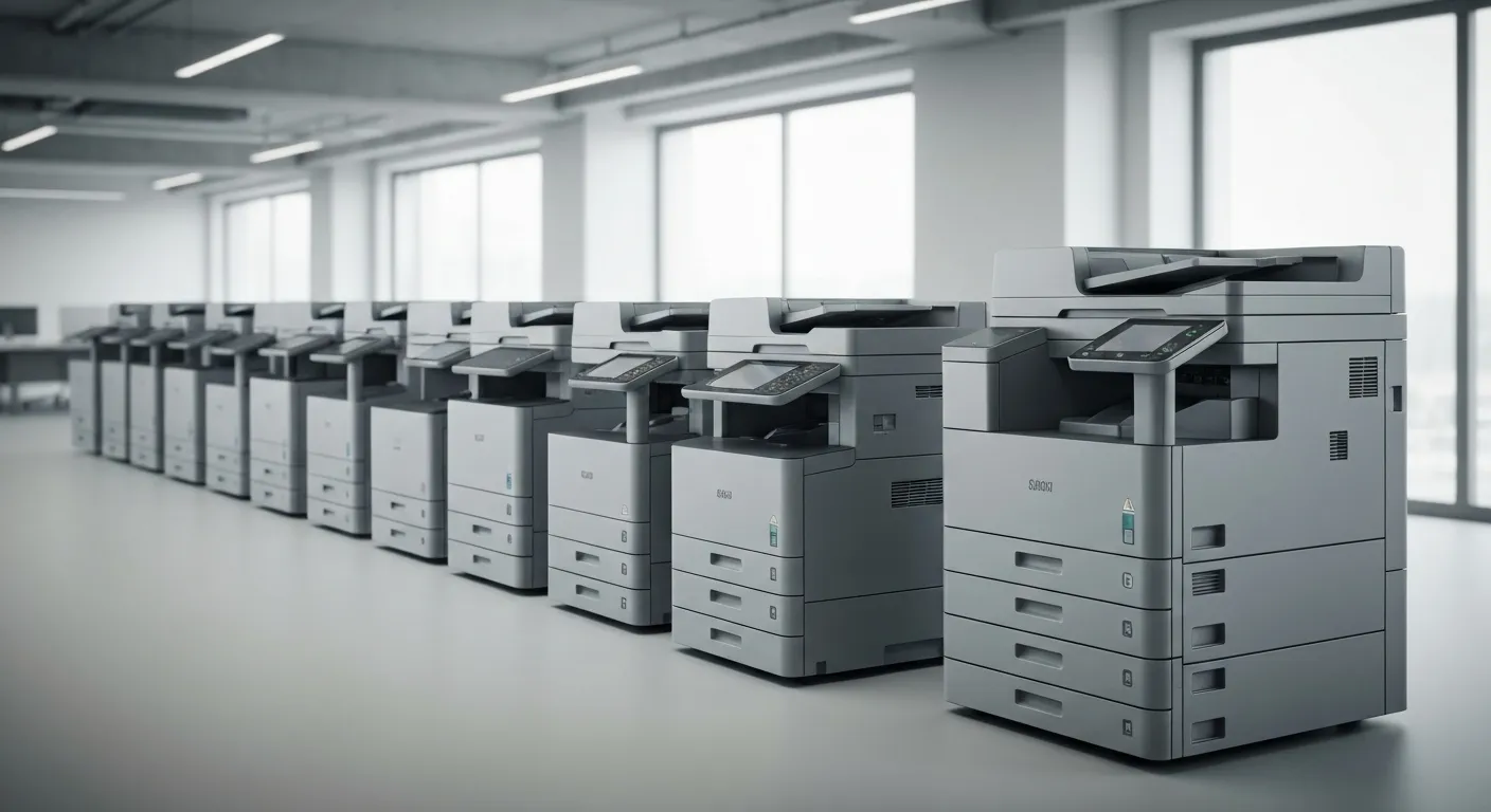 Parc d'imprimantes professionnelles dans un bureau d'entreprise