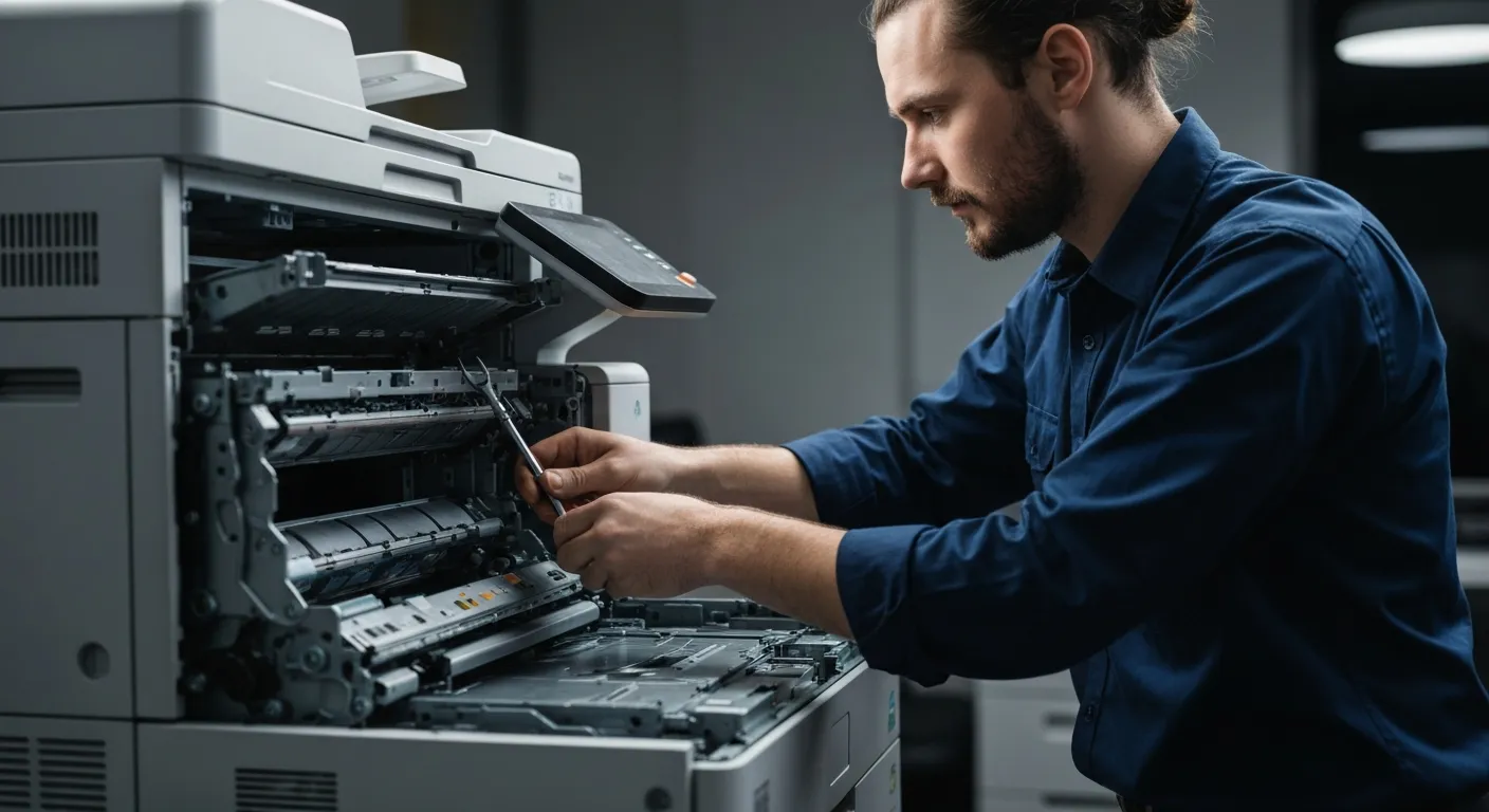 Technicien effectuant la maintenance d'une imprimante multifonction professionnelle