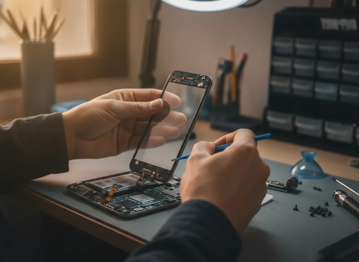 Mains d’un technicien posant un écran neuf sur un smartphone ouvert, nappe de connexion visible