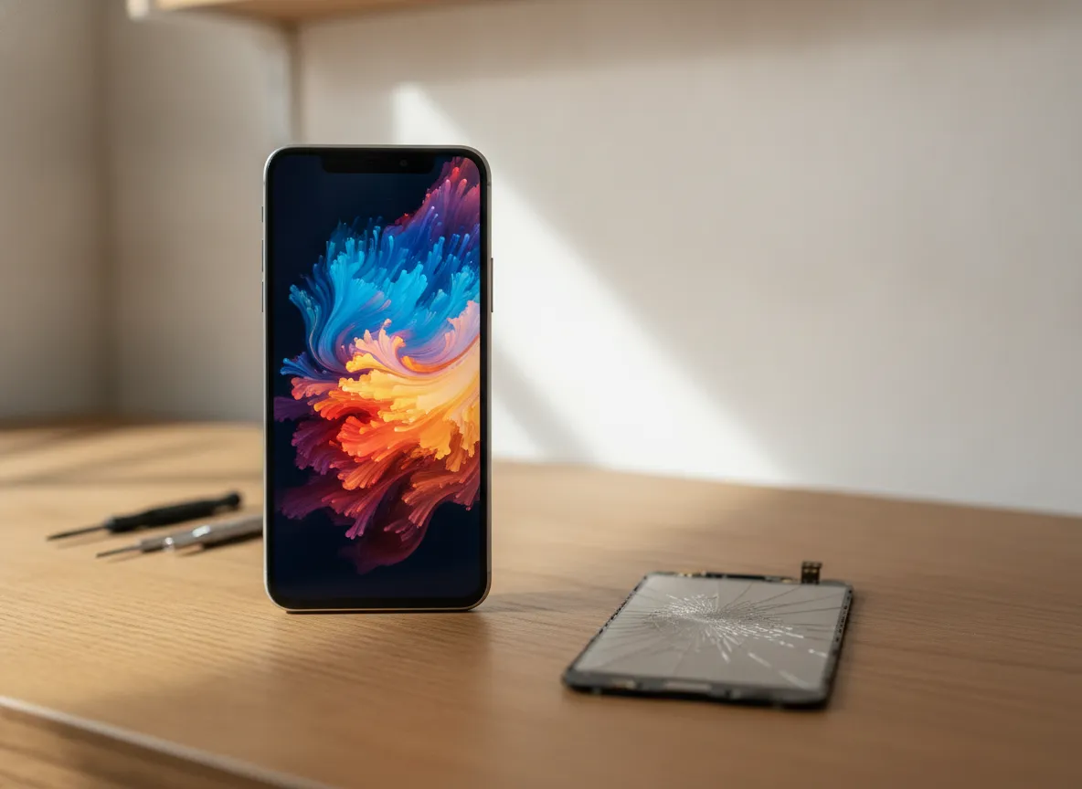 Smartphone réparé affichant une image colorée, posé sur un établi à côté d’un écran fissuré retiré