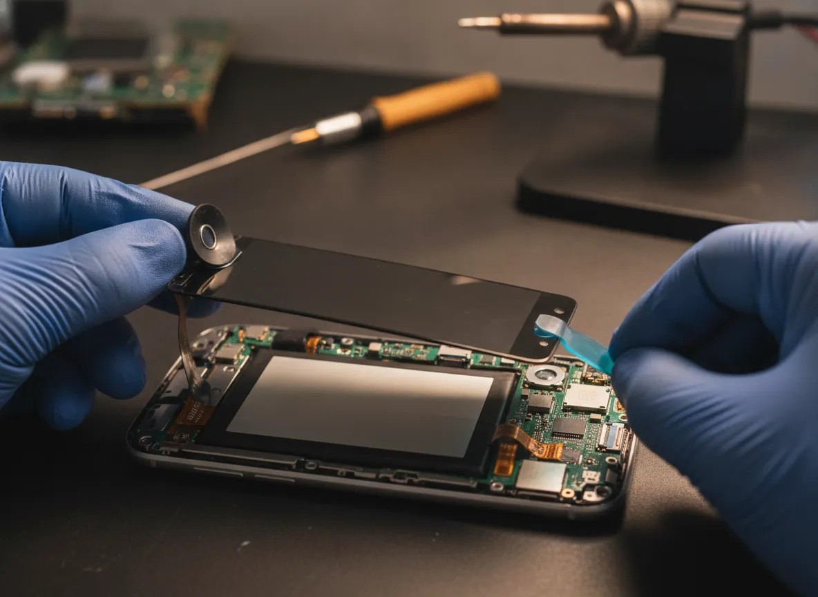 Mains de technicien décollant un écran AMOLED de son châssis à l’aide d’une ventouse et d’un médiator