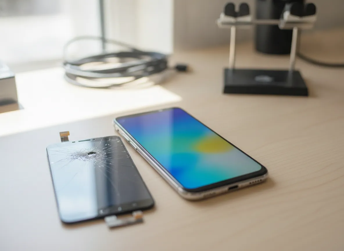 Smartphone neuf à l’écran parfaitement affiché posé à côté d’un ancien écran défectueux sur un comptoir d’atelier