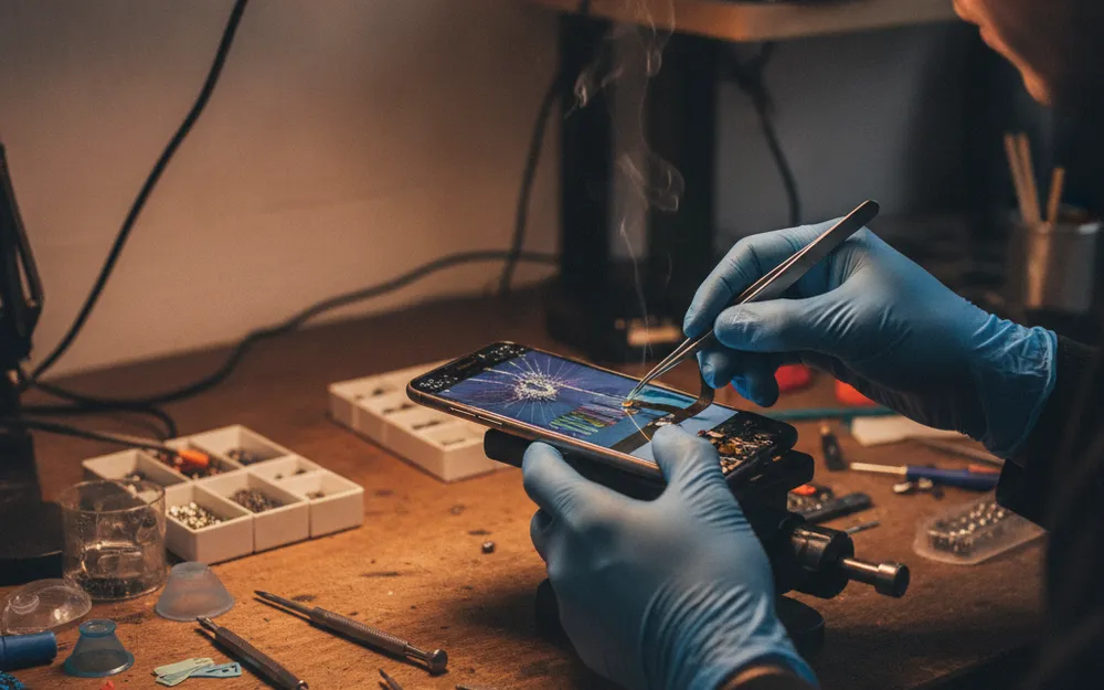 Réparation d'un écran de smartphone en atelier