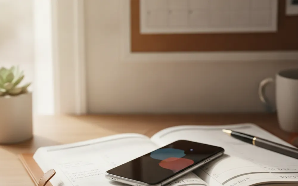 Smartphone posé sur un agenda, réflexion avant achat