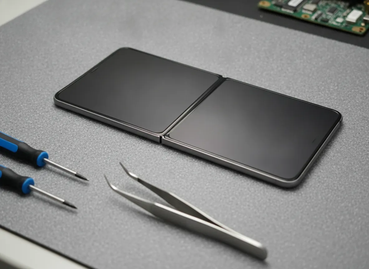 Smartphone pliable ouvert à plat sur un établi de réparation, écran intérieur visible