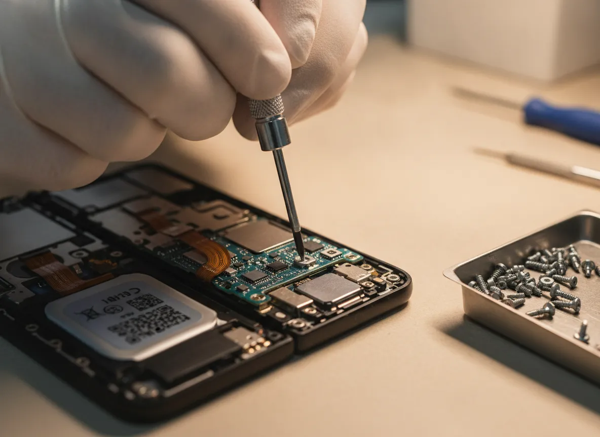 Mains de technicien démontant un smartphone pliable avec un tournevis de précision