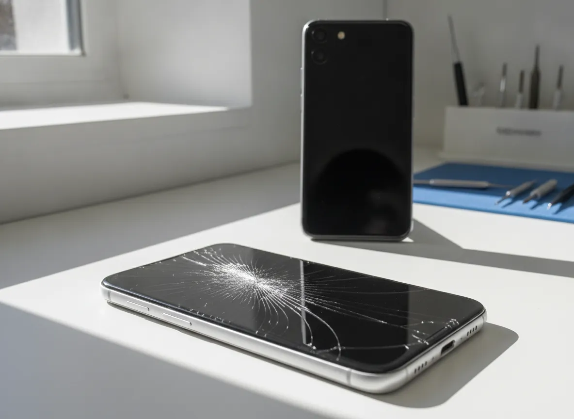 Smartphone pliable à l’écran fissuré posé sur un comptoir d’atelier avant diagnostic