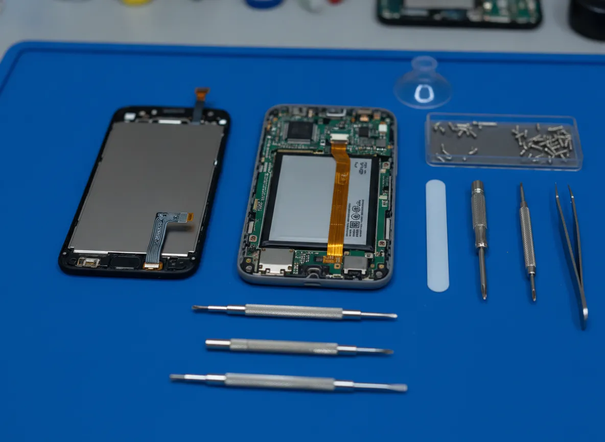 Smartphone Google Pixel ouvert sur un tapis d’atelier antistatique, écran déposé et batterie visible