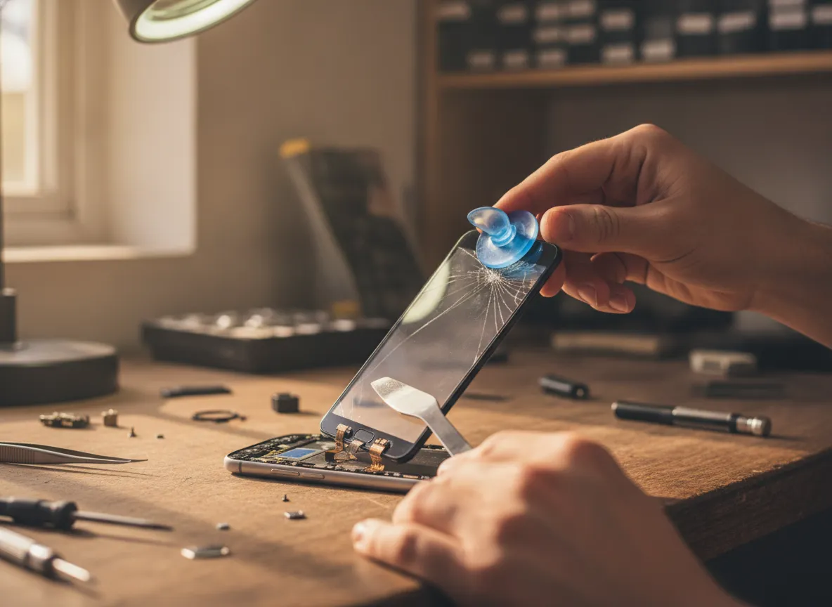 Mains d’un technicien remplaçant l’écran d’un smartphone Pixel avec une ventouse et une spatule