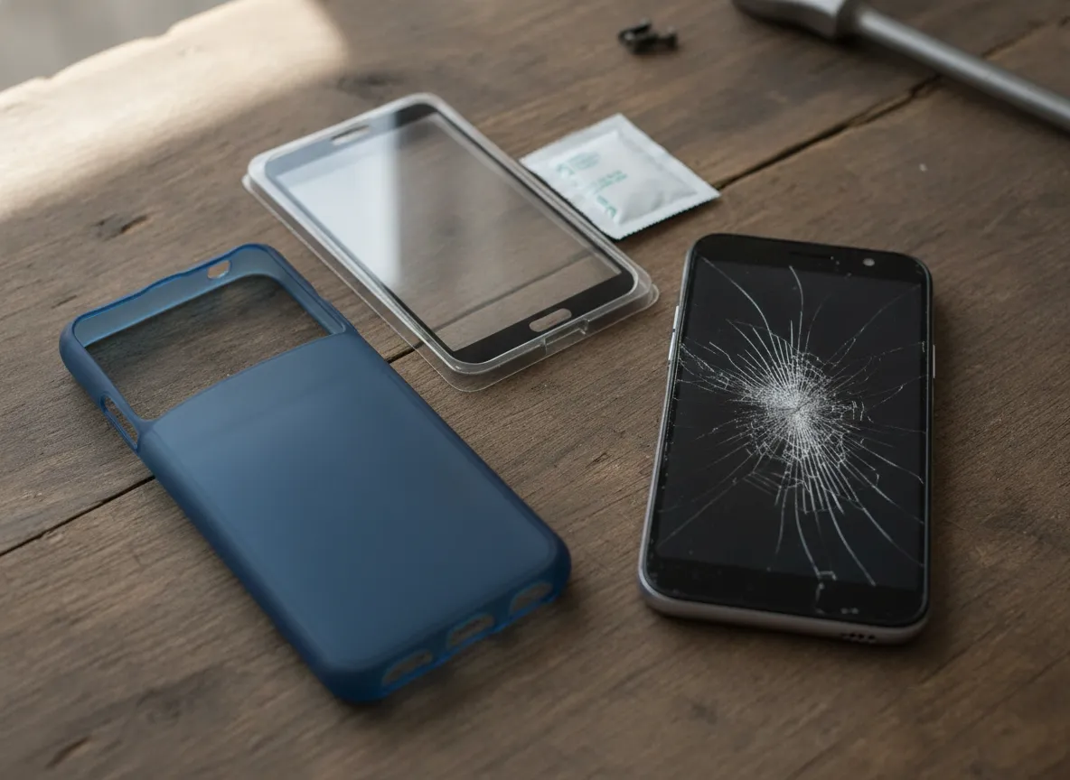 Smartphone Pixel à l’écran fissuré posé sur un établi à côté d’une coque de protection et d’un verre trempé