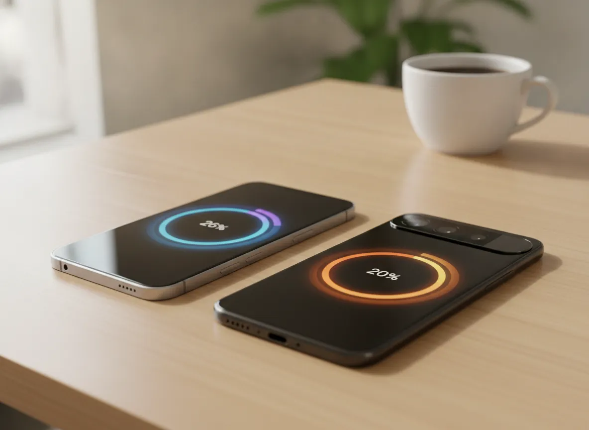 Deux smartphones posés sur un bureau, l’un sous iOS et l’autre sous Android, en cours de mise à jour logicielle