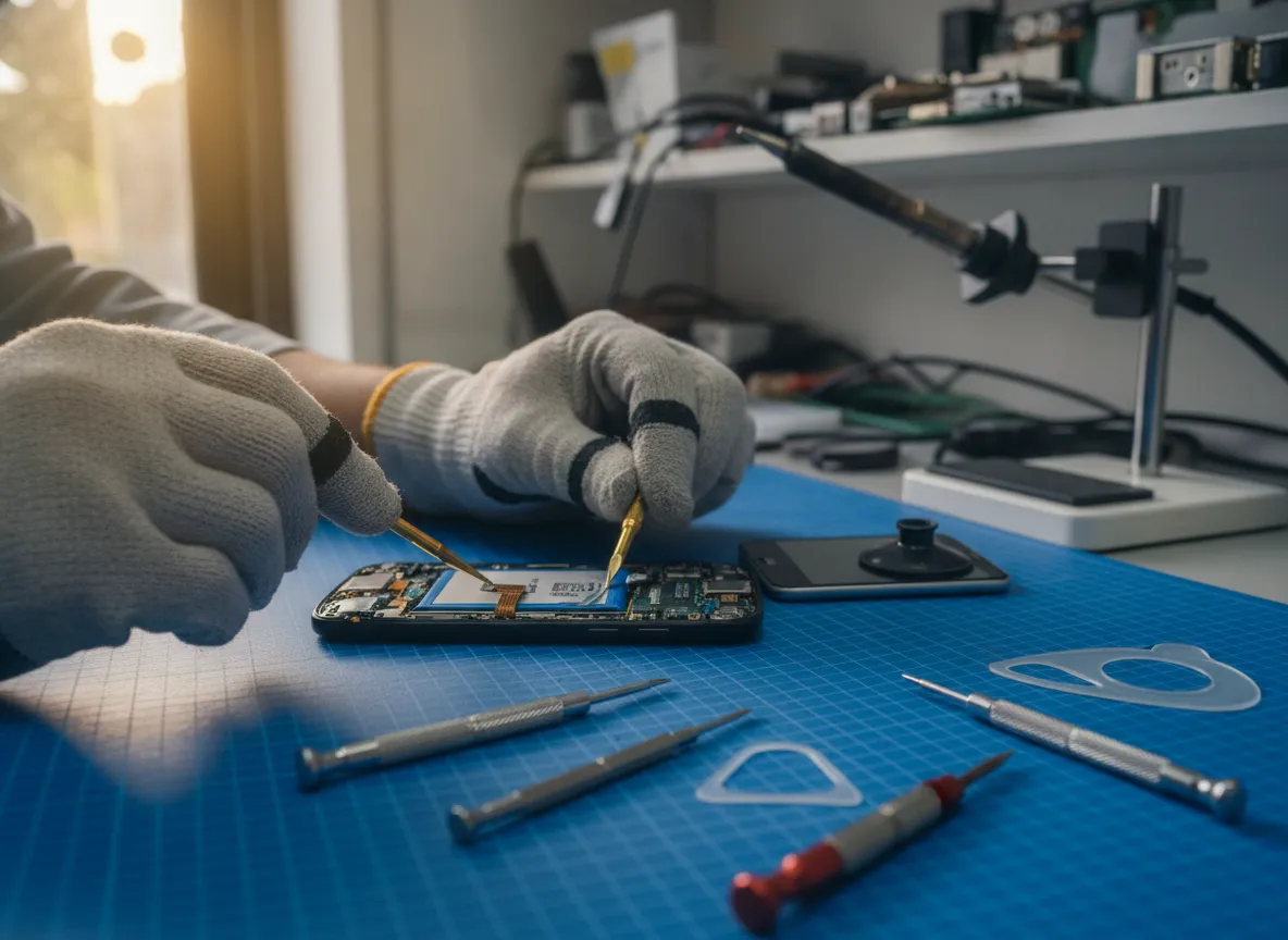 Technicien remplaçant la batterie d’un smartphone ouvert sur un établi d’atelier