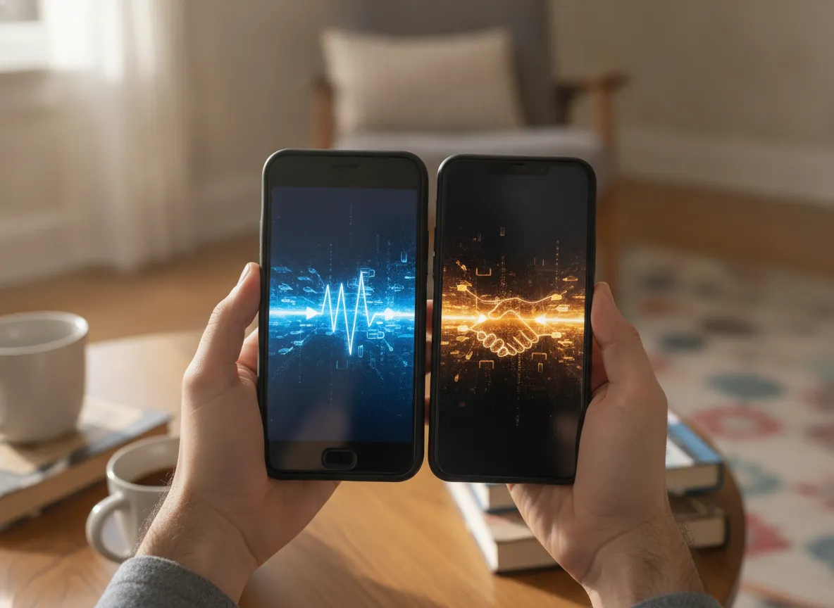 Mains tenant un ancien et un nouveau smartphone côte à côte pendant un transfert de données