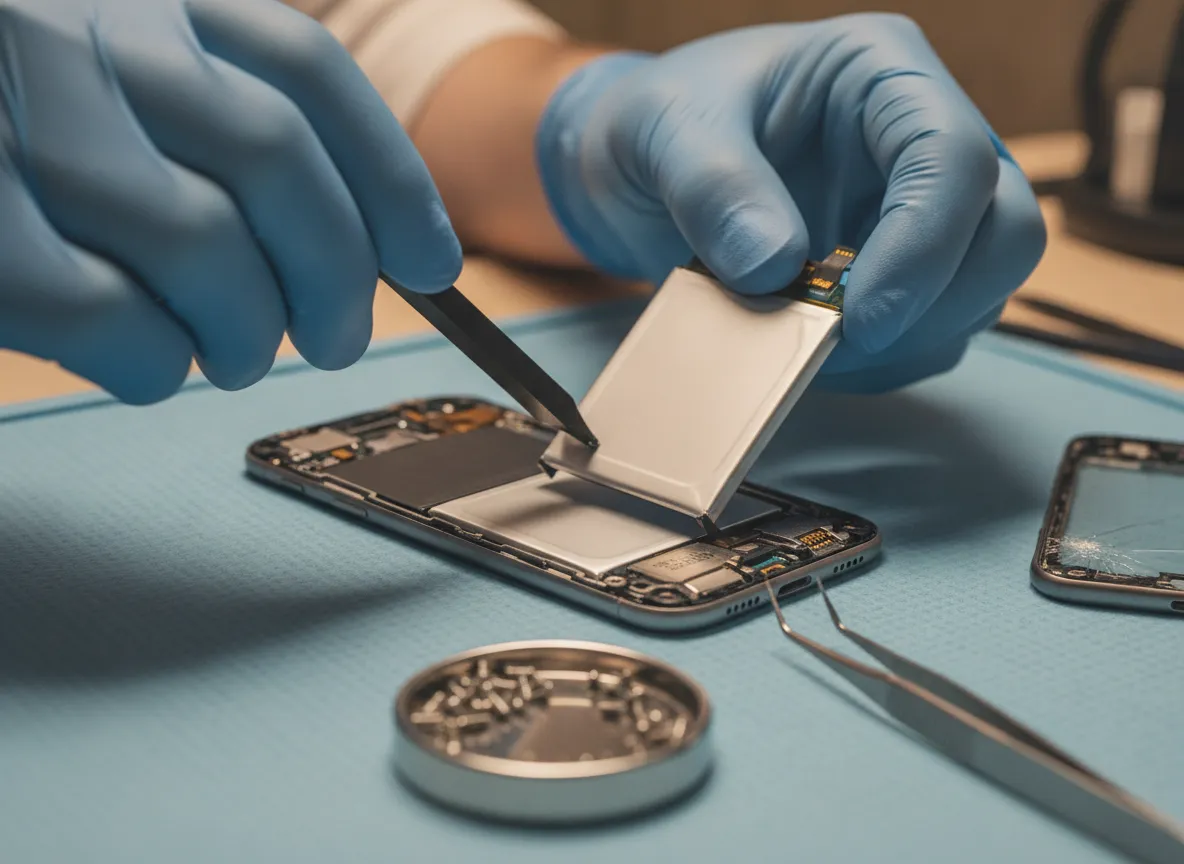 Technicien remplaçant la batterie d’un smartphone récent sur un tapis antistatique