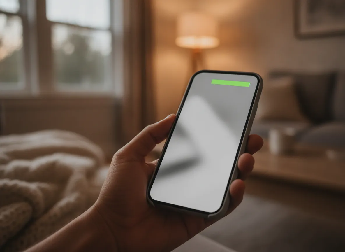 Main tenant un smartphone affichant un écran de réglages de la batterie