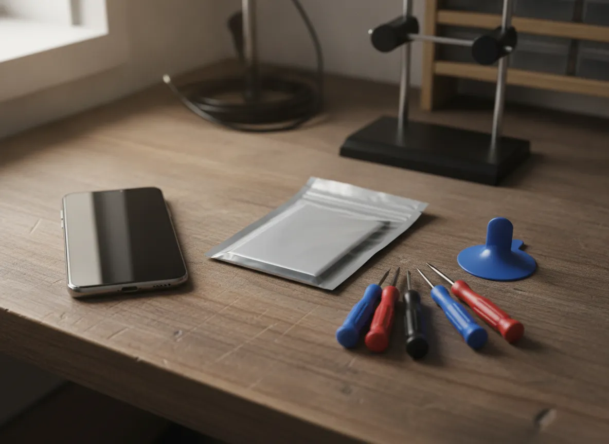 Batterie de smartphone neuve posée à côté d’outils de précision dans un atelier de réparation