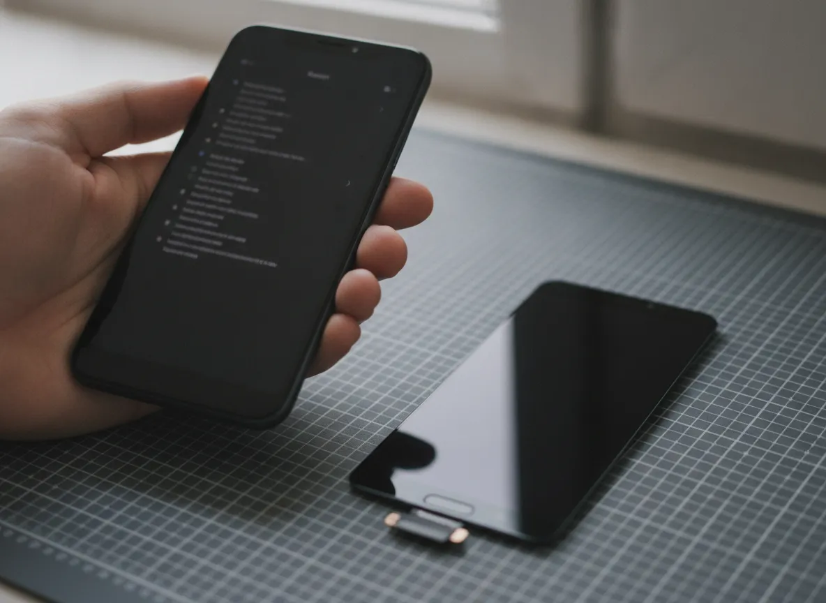 Main tenant un smartphone affichant un menu de réglages, à côté d’un écran de rechange posé sur un tapis d’atelier