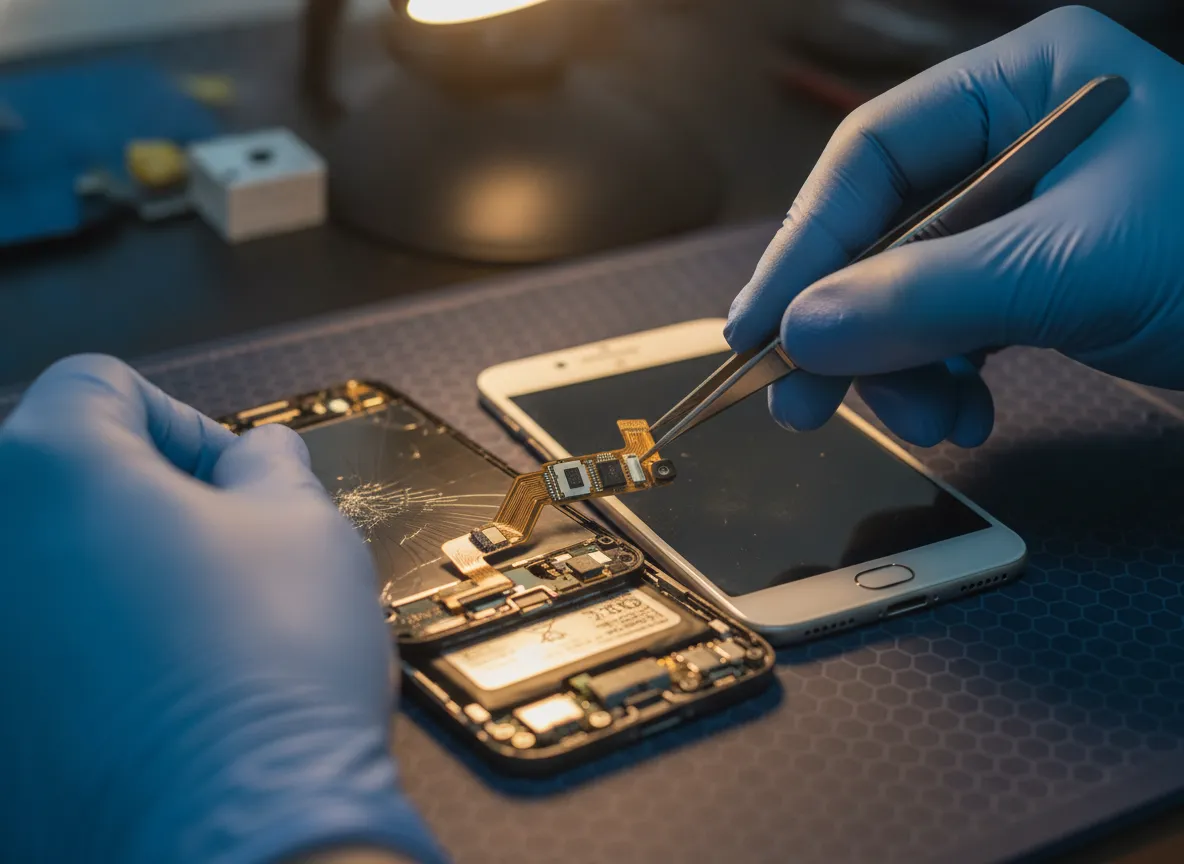 Mains de technicien transférant les capteurs supérieurs d’un écran de smartphone vers une dalle neuve