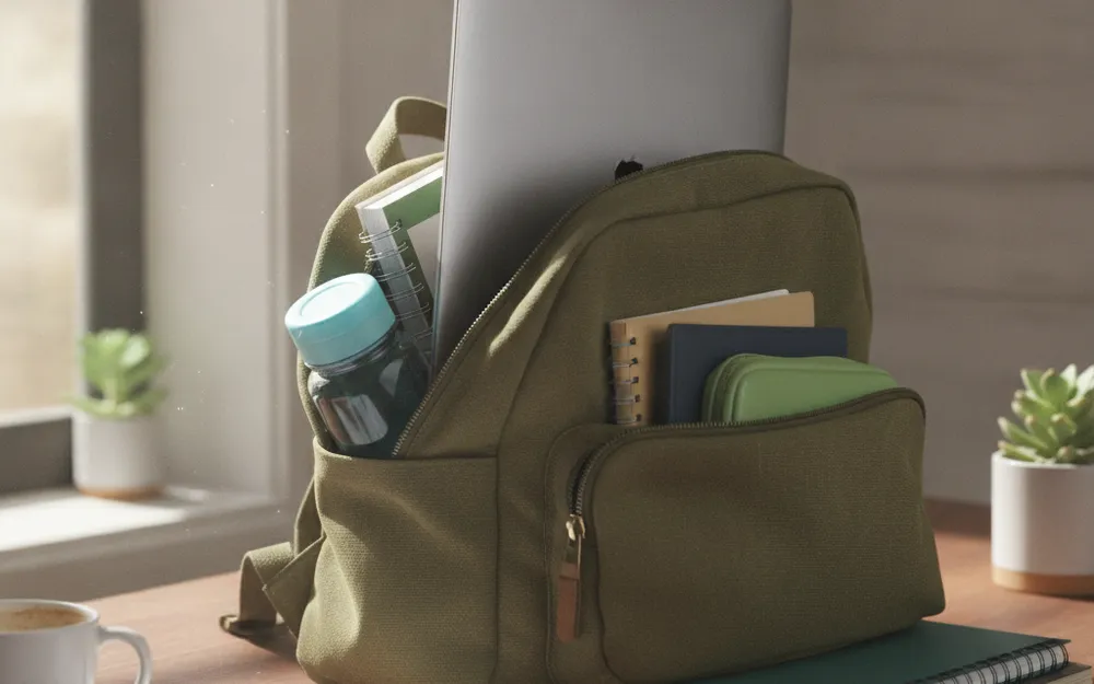 Ordinateur portable rangé dans un sac à dos d'étudiant