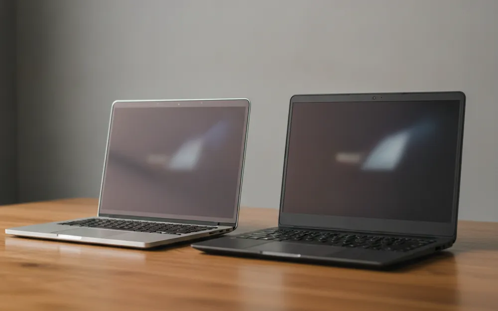 Deux ordinateurs portables comparés côte à côte sur un bureau