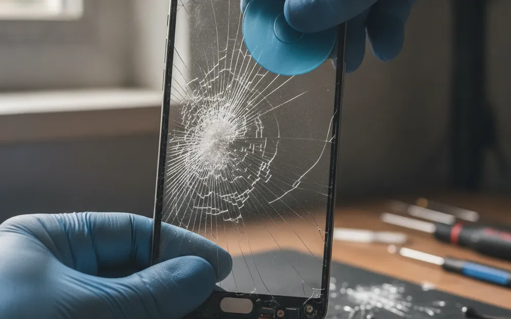Remplacement d'un écran de smartphone fissuré en atelier