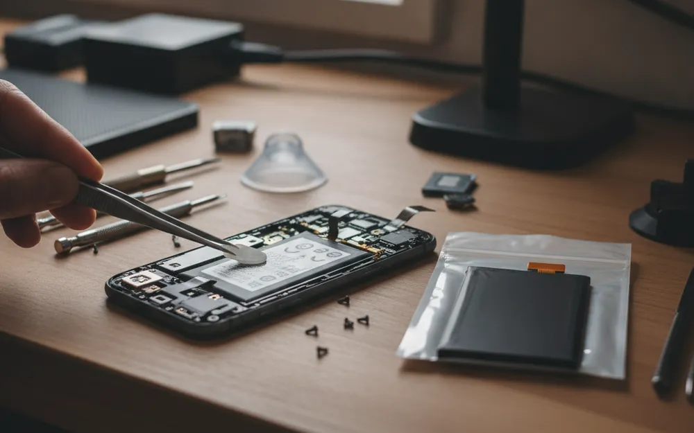Remplacement de batterie de smartphone en cours