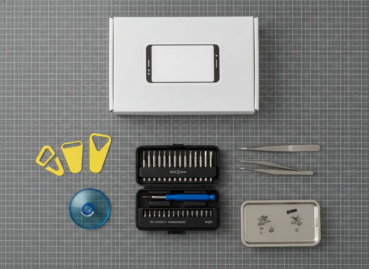 Kit de réparation de smartphone étalé sur une table : tournevis de précision, ventouse, médiators et pièce de rechange