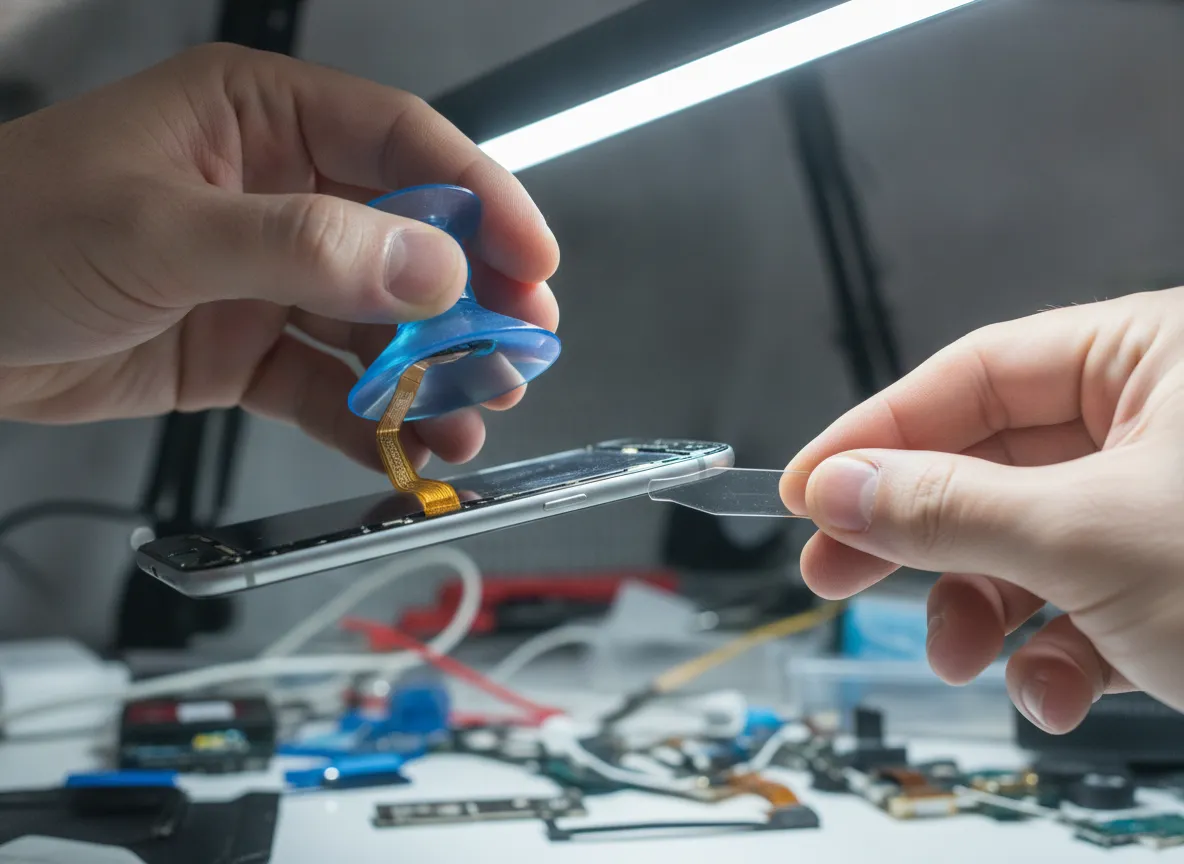 Mains de technicien ouvrant un smartphone avec une ventouse et un médiator en plastique, sous une lampe d’atelier