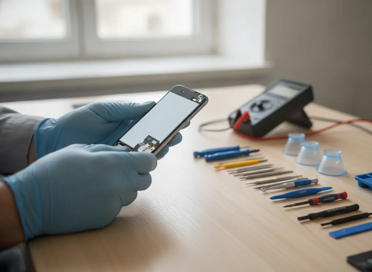 Technicien contrôlant un smartphone réparé sur un établi bien rangé, outils alignés à côté