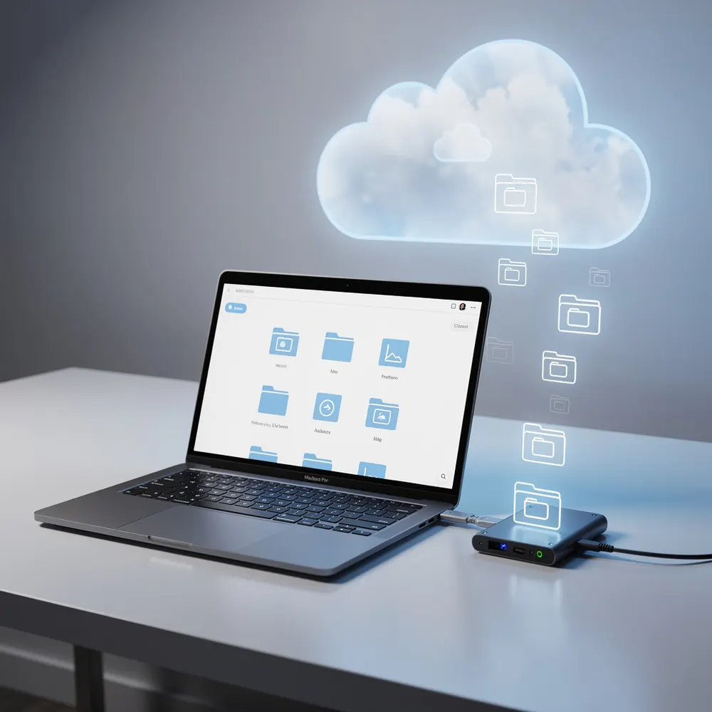 Disque dur externe connecté à un ordinateur pour sauvegarde de données