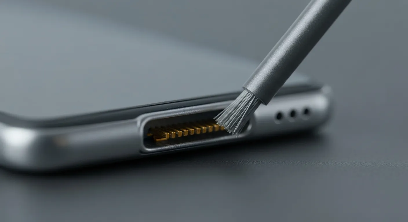 Nettoyage du port de charge d'un téléphone (gros plan)