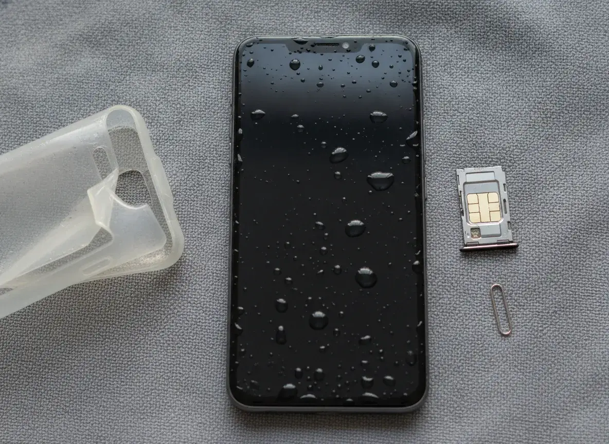 Smartphone mouillé posé sur un chiffon en microfibre, gouttes d’eau sur l’écran, tiroir de carte SIM retiré à côté