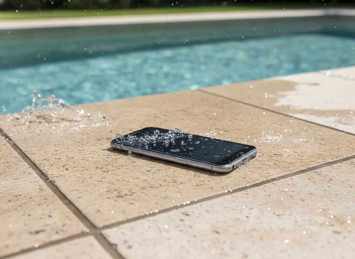 Smartphone posé au bord d’une piscine, éclaboussures d’eau sur le carrelage