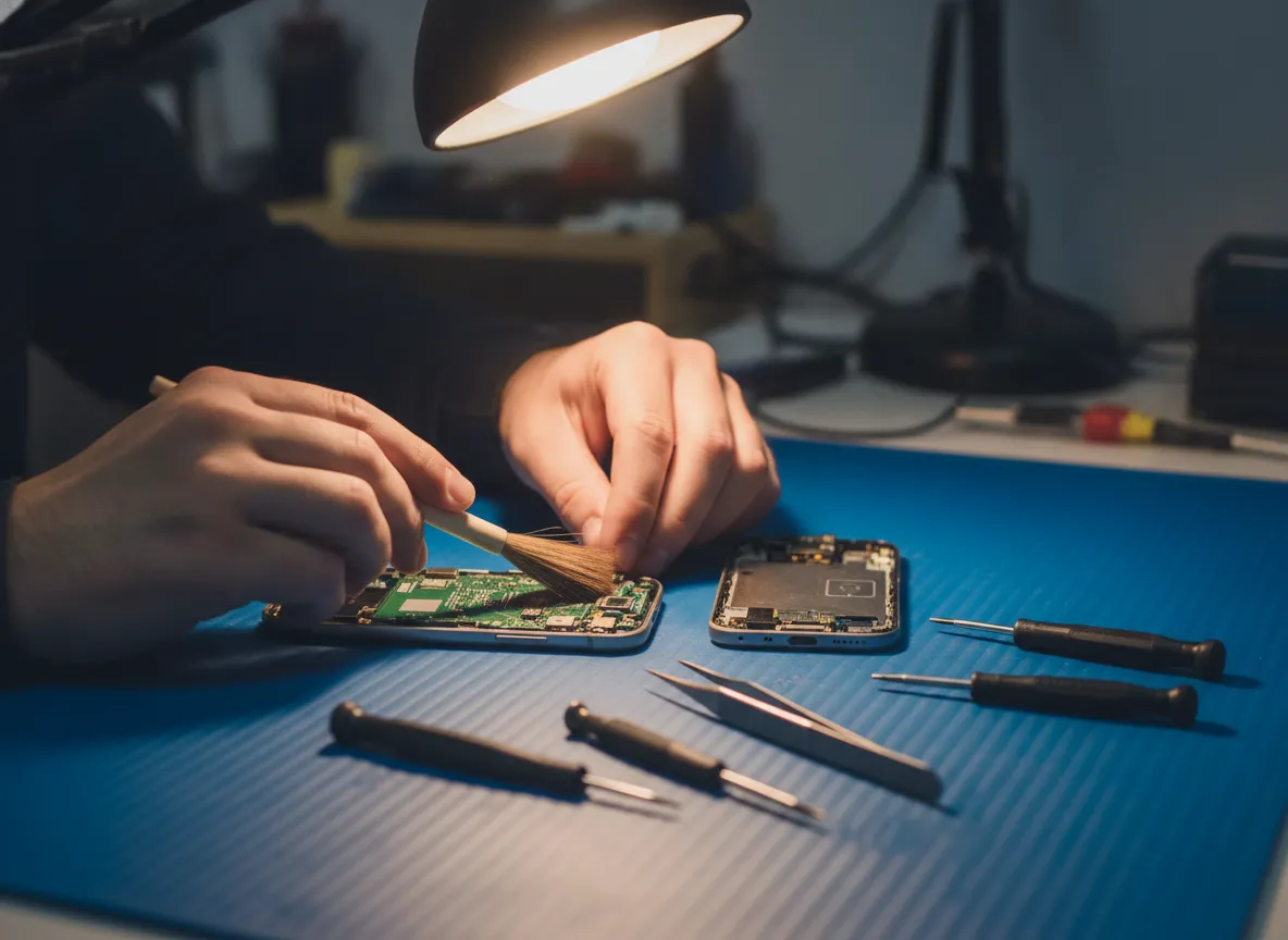 Mains d’un technicien nettoyant au pinceau la carte mère d’un smartphone ouvert sur un tapis antistatique