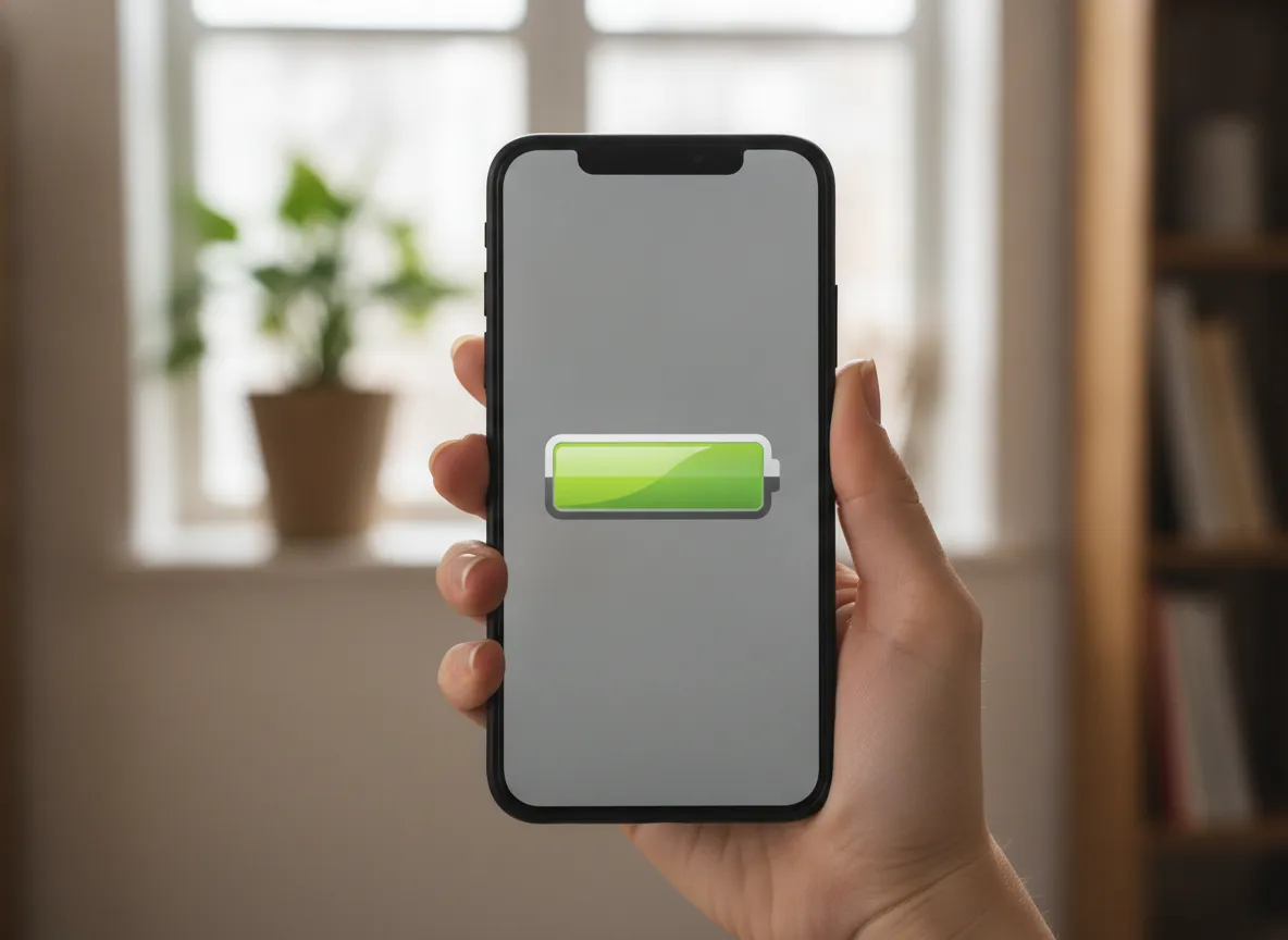 Main tenant un smartphone dont l’écran affiche une jauge de batterie stylisée, sans texte