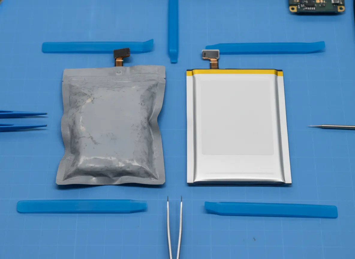 Batterie de smartphone usagée posée à côté d’une batterie neuve sur un tapis d’atelier antistatique