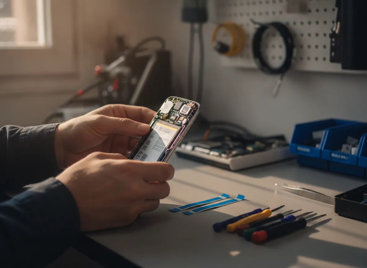 Mains d’un technicien installant une batterie neuve dans un smartphone ouvert sur un établi