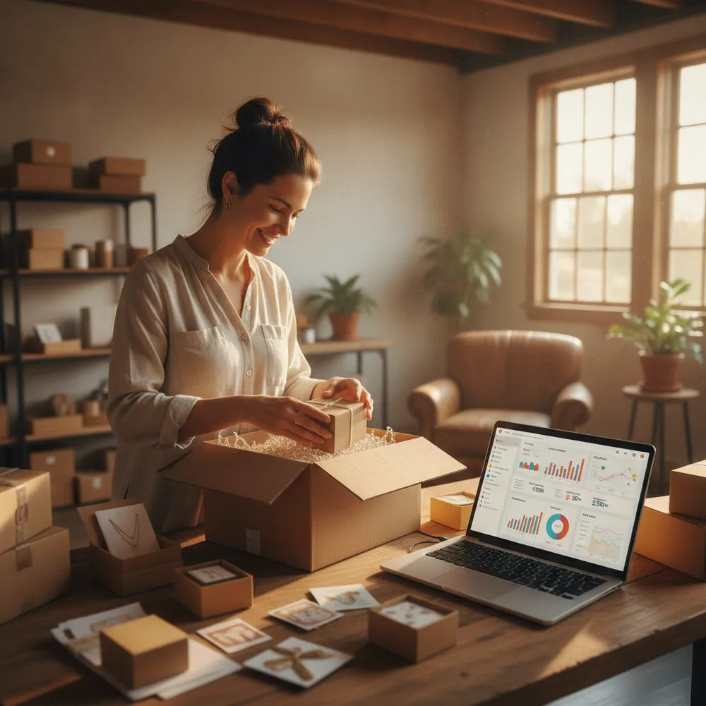 Commerçant gérant les commandes de sa boutique en ligne — e-commerce de proximité